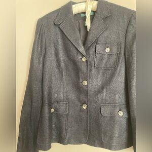 Ralph Lauren Navy Blue Herringbone Silk and Linen Norfolk Jacket